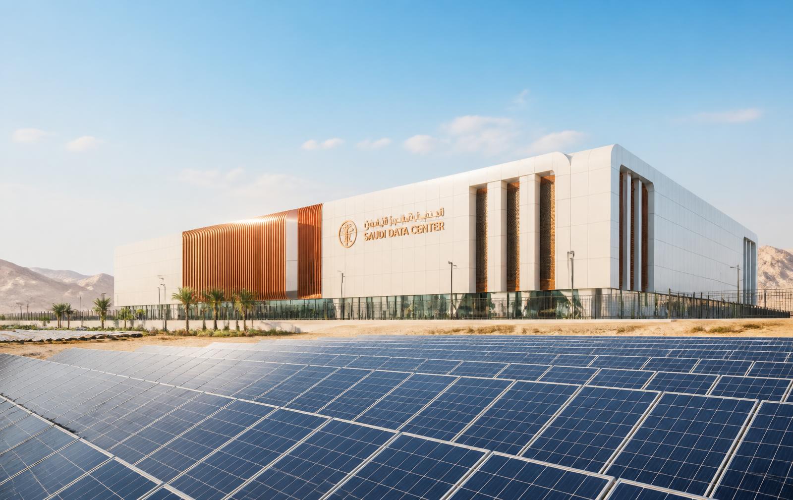 Solar photovoltaic array beside a modern data center facility